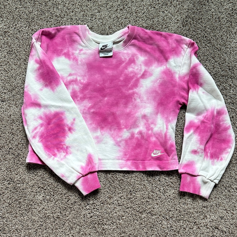 Nike Pink and White Girl’s Crop Tie-Dye Crewneck